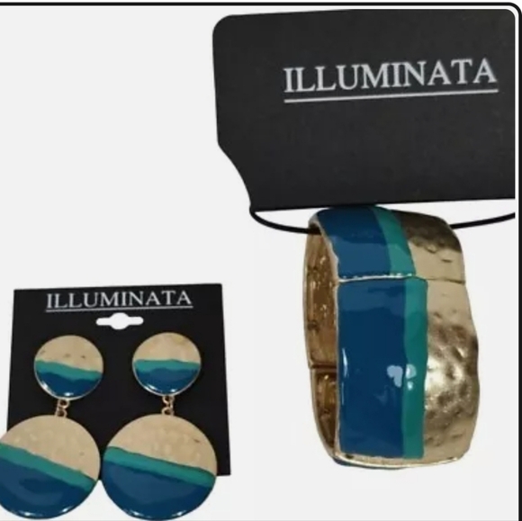 Illuminata Blue Green Gold Jewelry Set Bracelet & Earrings - Picture 2 of 5